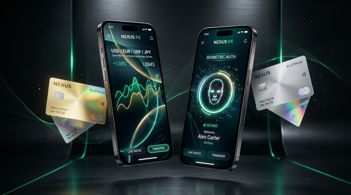 Futuristic 3D Luxury Fintech App Showcase Dual iPhone Titanium