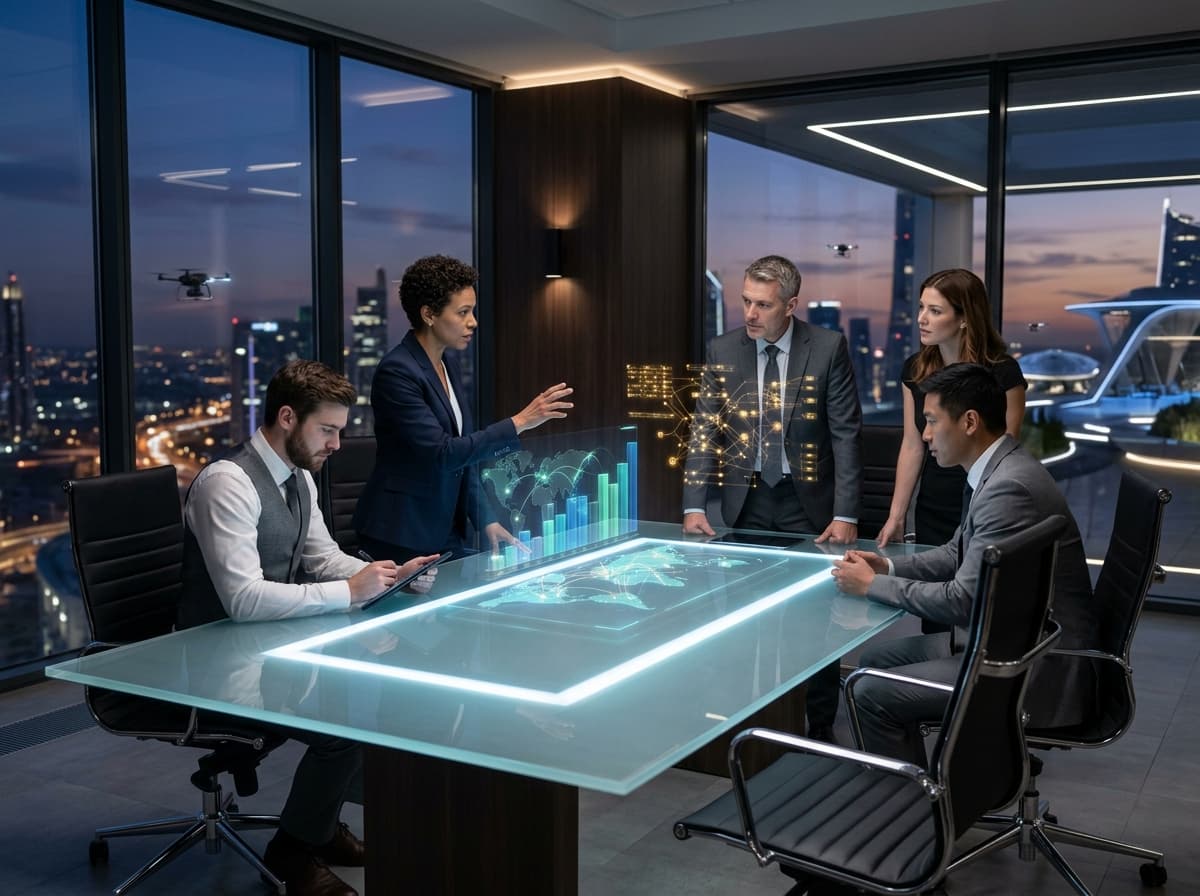 High-end Modern Luxury Corporate Fintech Penthouse Boardroom Scene