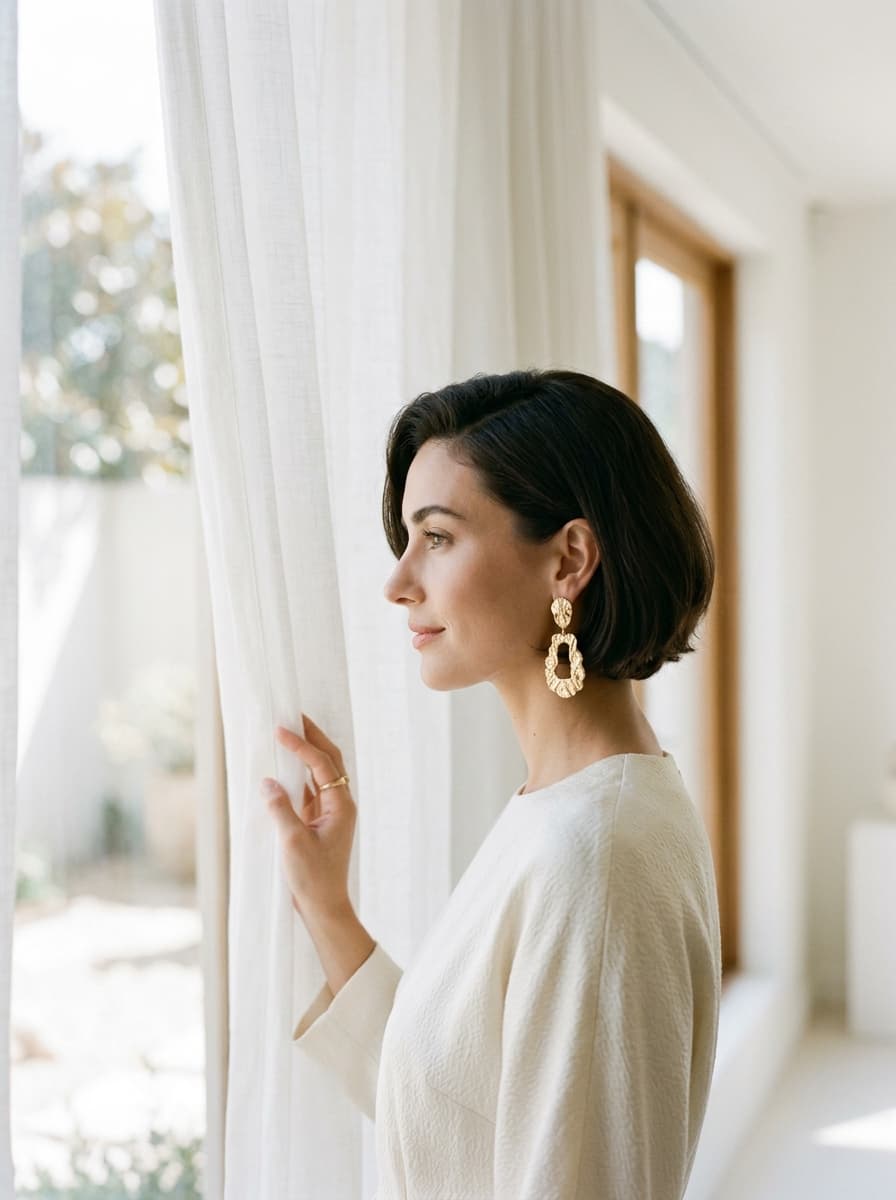 Woman wearing handcrafted gold drop earrings