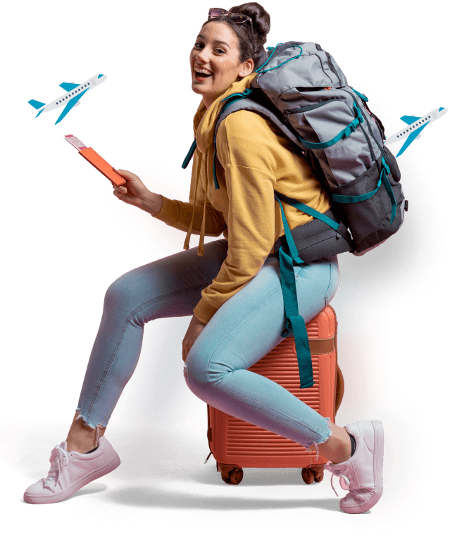 Traveler girl sitting on luggage with ticket